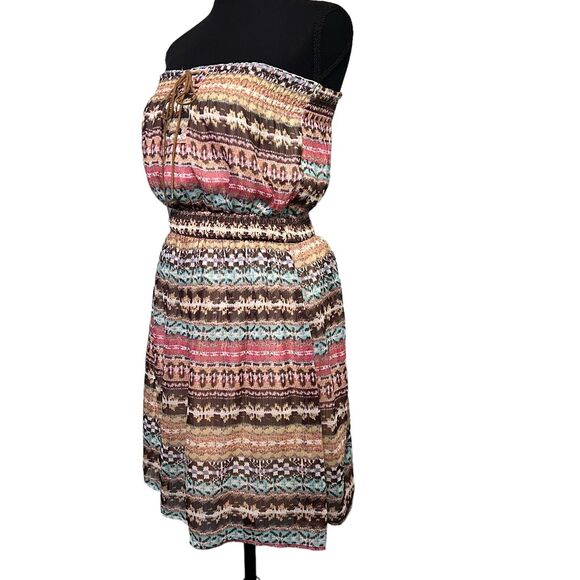 YA Los Angeles Size M Strapless Silk Southwest Print Mini Dress Leather Lace - Picture 3 of 10